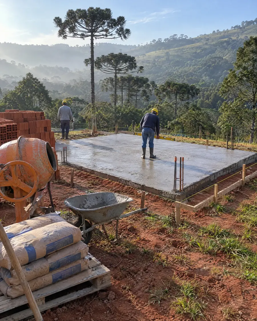 Fundación de hormigón terminada, con niveletas e hilos marcando la cabaña en el terreno