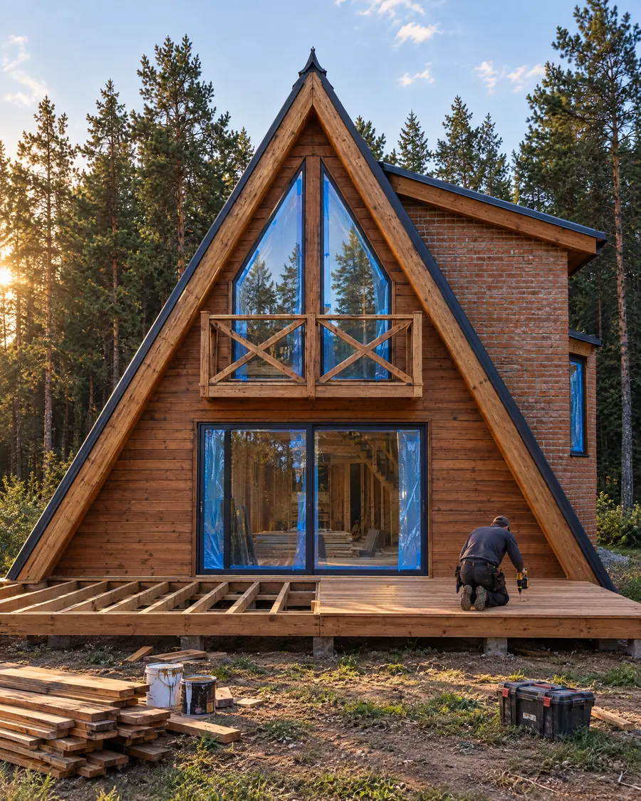 Cabaña casi terminada, con los vidrios instalados y el deck de madera en construcción
