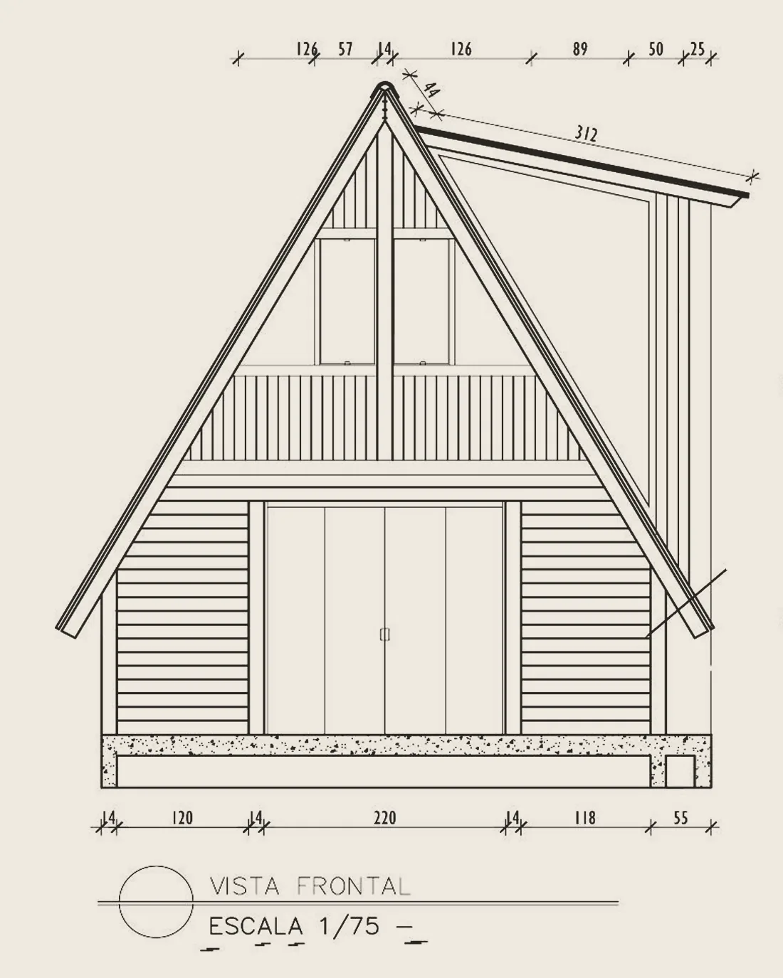Dibujo técnico de la fachada frontal de la cabaña, escala 1/75