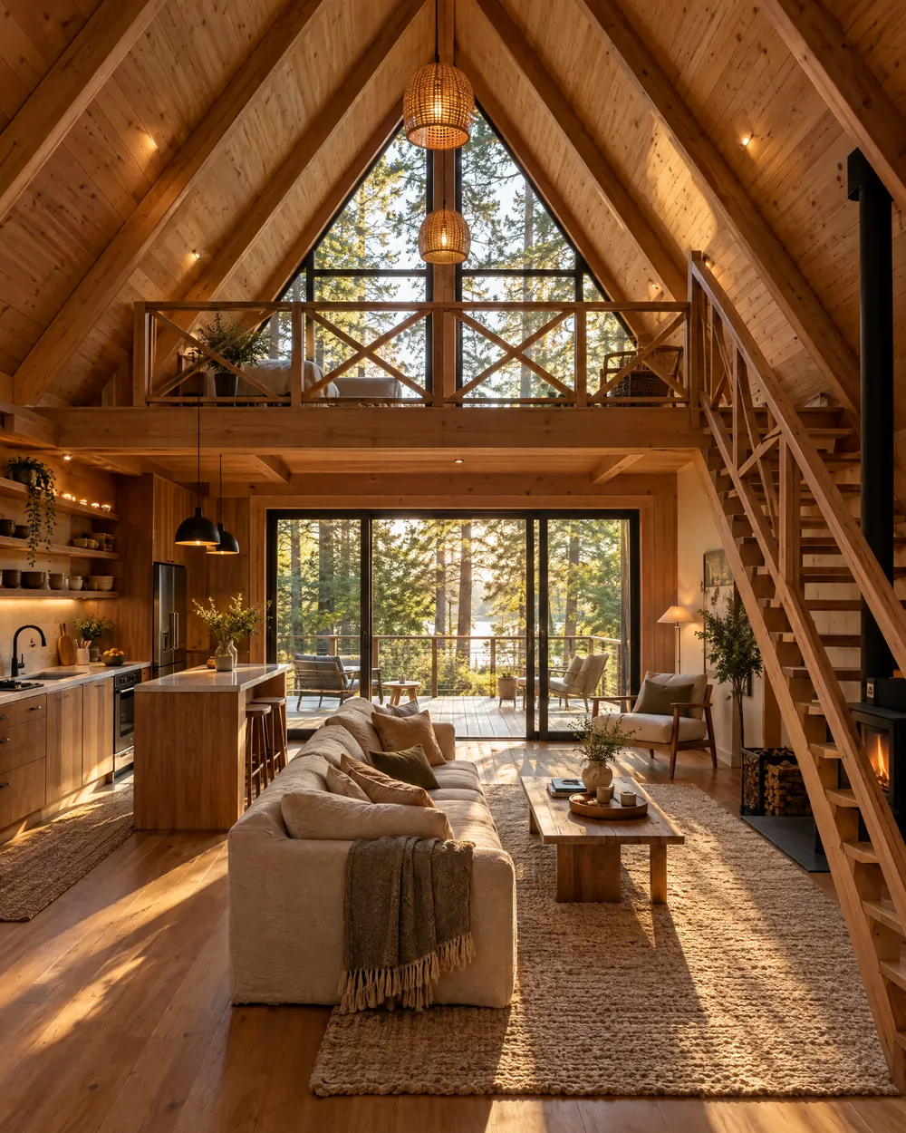 Sala de doble altura con cocina integrada, escalera y entrepiso