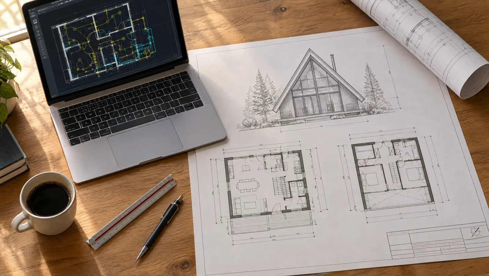 Notebook con el plano en CAD abierto junto a los planos impresos de la cabaña A-frame