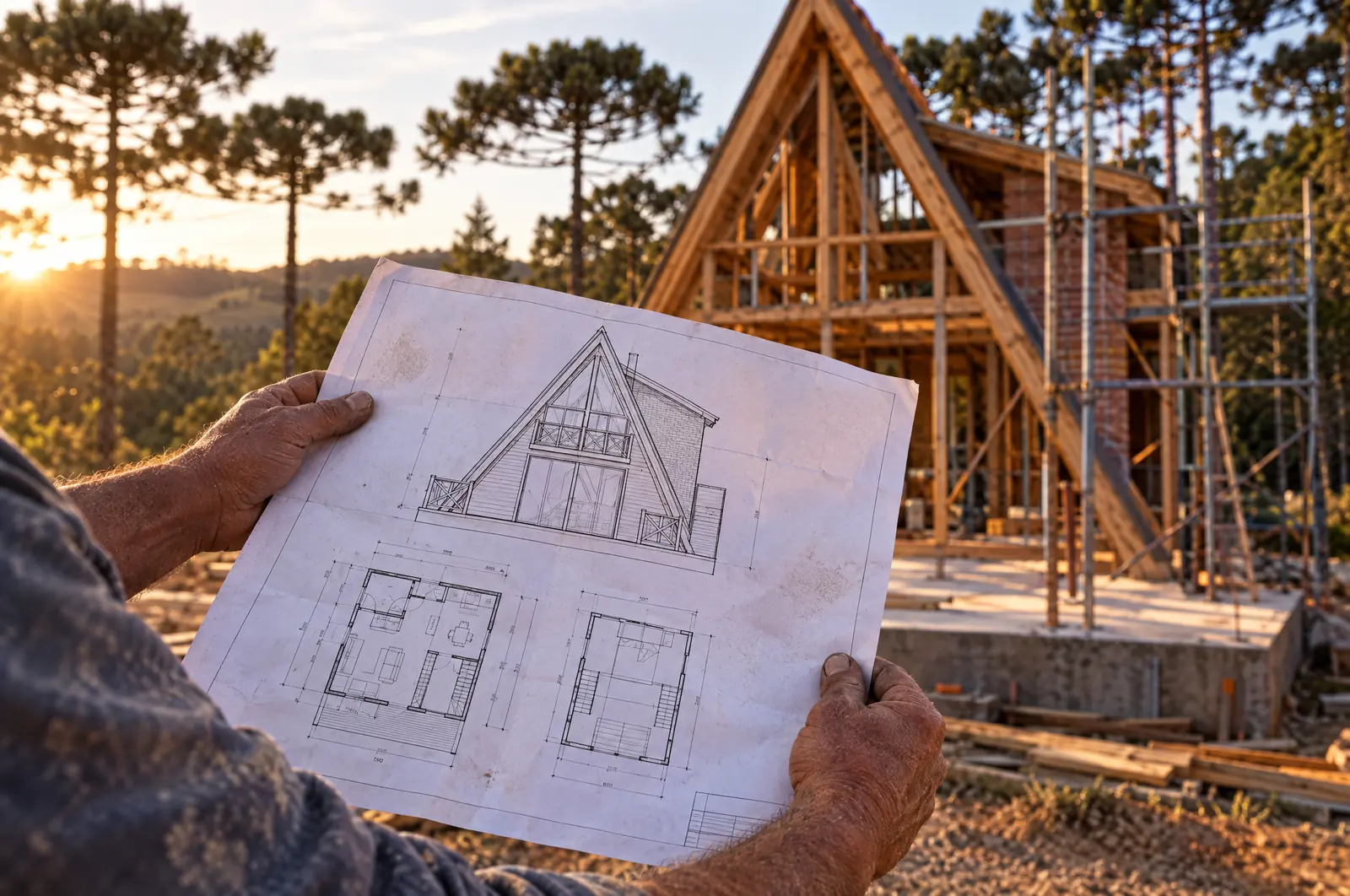 Maestro de obras sosteniendo el plano impreso de la cabaña A-frame frente a la estructura de madera en construcción